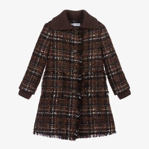 Dolce & Gabbana-Manteau marron en tweed à carreaux | Childrensalon Outlet