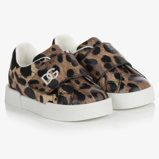 Dolce & Gabbana-Girls Beige Leopard Print DG Trainers | Childrensalon Outlet