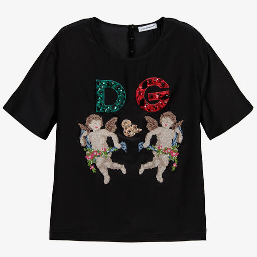 Dolce & Gabbana-توب حرير مطرز لون أسود للفتيات  | Childrensalon Outlet