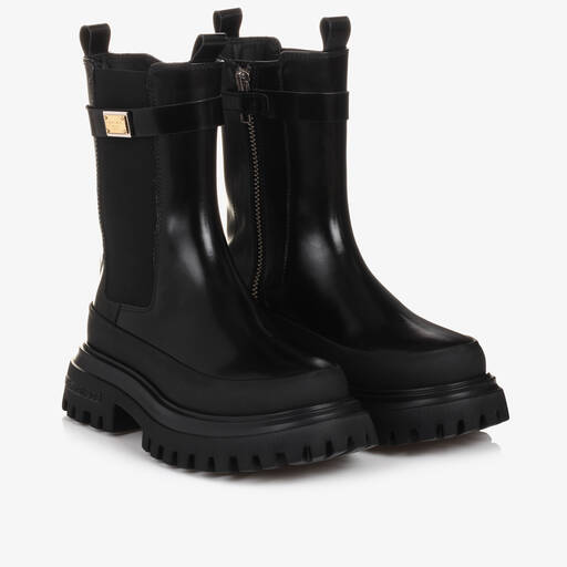 Dolce & Gabbana-Girls Black Chunky Leather Boots | Childrensalon Outlet