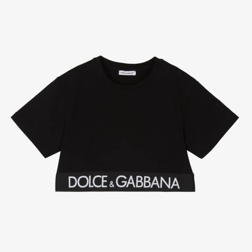 Dolce & Gabbana-تيشيرت قصير قطن أسود بشعار للبنات | Childrensalon Outlet