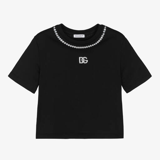 Dolce & Gabbana-Schwarzes DG Baumwoll-T-Shirt mit Strass für Mädchen | Childrensalon Outlet