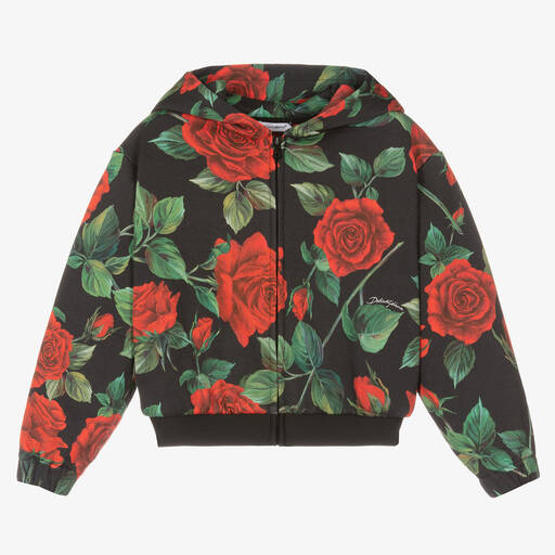 Dolce & Gabbana-Girls Black Cotton Rose Zip-Up Hoodie | Childrensalon Outlet
