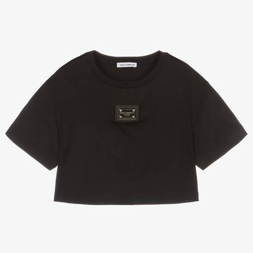 Dolce & Gabbana-Girls Black Cropped Cotton Logo T-Shirt | Childrensalon Outlet