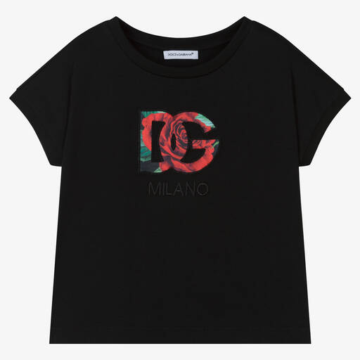 Dolce & Gabbana-Girls Black Crossover DG Rose T-Shirt | Childrensalon Outlet