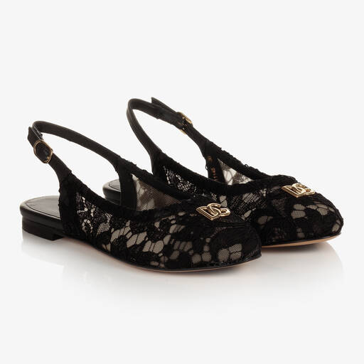 Dolce & Gabbana-Girls Black Lace DG Slingback Pumps | Childrensalon Outlet