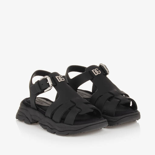 Dolce & Gabbana-Girls Black Leather Crossover DG Sandals | Childrensalon Outlet