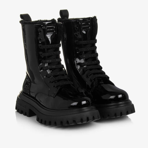 Dolce & Gabbana-Girls Black Patent Leather Lace-Up Boots | Childrensalon Outlet
