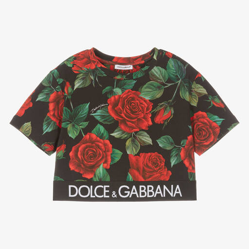 Dolce & Gabbana-Черная хлопковая футболка с красными розами | Childrensalon Outlet