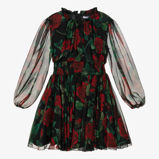 Dolce & Gabbana-Girls Black & Red Rose Chiffon Dress | Childrensalon Outlet