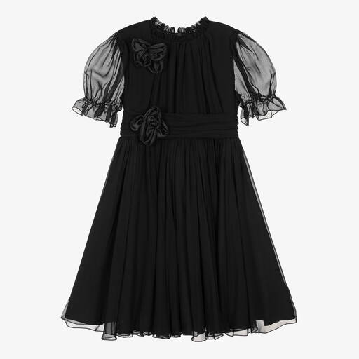 Dolce & Gabbana-Girls Black Silk Chiffon Flower Dress | Childrensalon Outlet