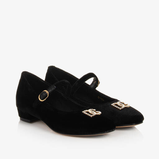 Dolce & Gabbana-Girls Black Velvet DG Bar Shoes | Childrensalon Outlet