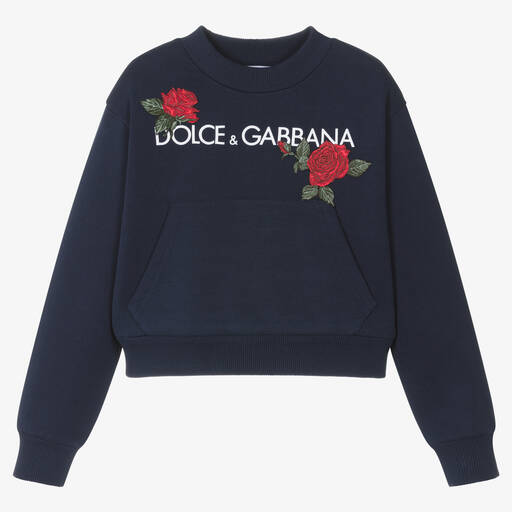 Dolce & Gabbana-Girls Blue Cotton Rose Sweatshirt | Childrensalon Outlet