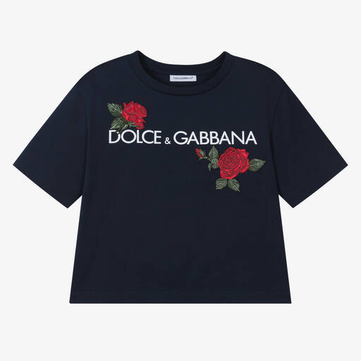 Dolce & Gabbana-Girls Blue Cotton Roses T-Shirt | Childrensalon Outlet