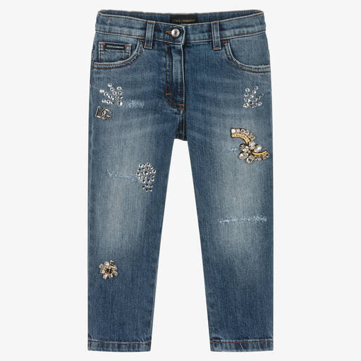 Dolce & Gabbana-Girls Blue Denim Jewel Logo Jeans | Childrensalon Outlet
