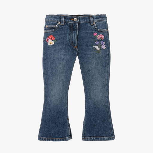 Dolce & Gabbana-Girls Blue Flared Floral Denim Jeans | Childrensalon Outlet