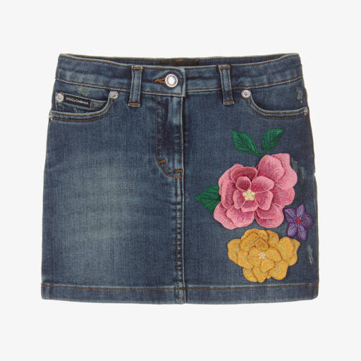 Dolce & Gabbana-Girls Denim Skirt with Floral Embroidery | Childrensalon Outlet