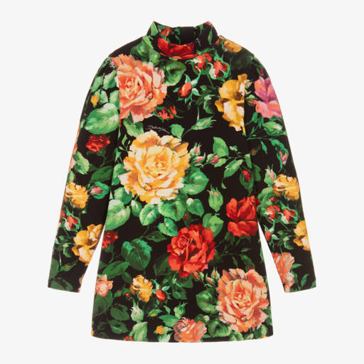 Dolce & Gabbana-Girls Floral Print Black Dress | Childrensalon Outlet
