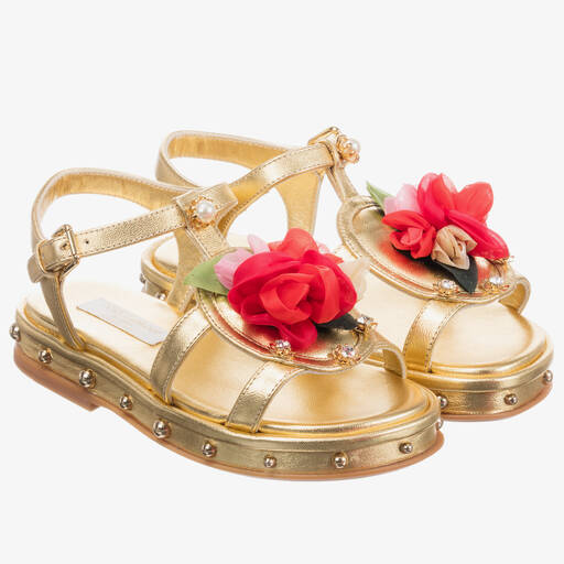 Dolce & Gabbana-Girls Gold Leather Sandals  | Childrensalon Outlet