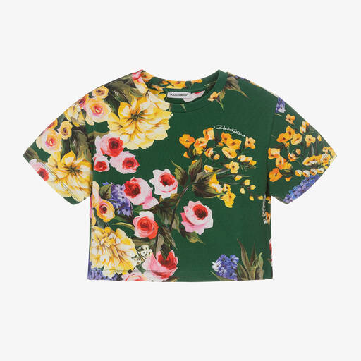 Dolce & Gabbana-Girls Green Floral Cotton T-Shirt | Childrensalon Outlet