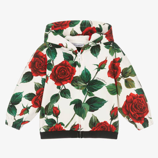 Dolce & Gabbana-Girls Ivory & Red Rose Zip-Up Hoodie | Childrensalon Outlet