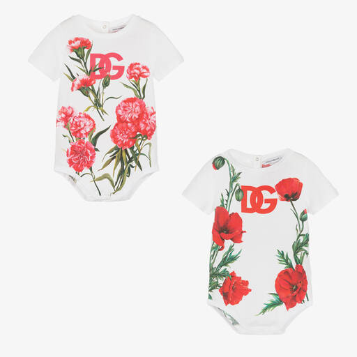 Dolce & Gabbana-أوفرول بادي قطن لون أبيض بطبعة ورود للمولودات (عدد 2) | Childrensalon Outlet