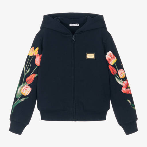 Dolce & Gabbana-Girls Navy Tulip Cotton Hoodie | Childrensalon Outlet