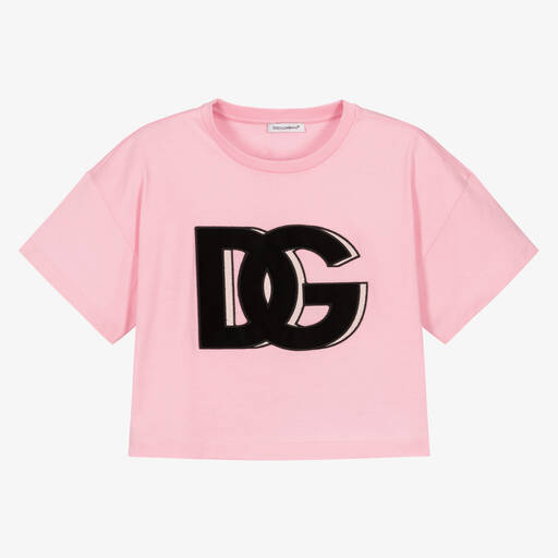 Dolce & Gabbana-Girls Pink Cotton DG Logo T-Shirt | Childrensalon Outlet