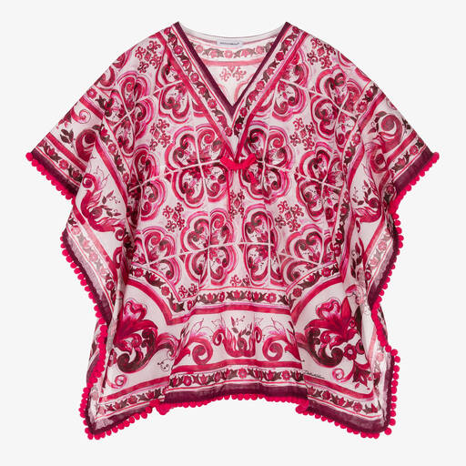 Dolce & Gabbana-قفطان قطن لون زهري بطبعة ماجوليكا للبنات | Childrensalon Outlet