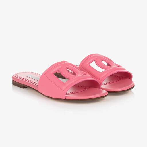 Dolce & Gabbana-Girls Pink Leather Logo Sliders | Childrensalon Outlet