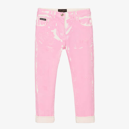 Dolce & Gabbana-Girls Pink Painted Denim Jeans  | Childrensalon Outlet