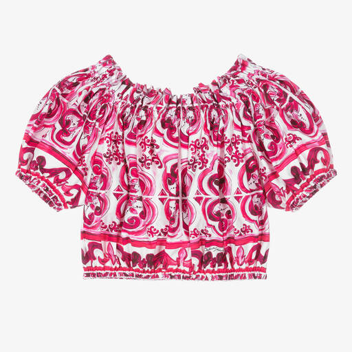 Dolce & Gabbana-بلوز قطن بوبلين لون زهري وأبيض بطبعة ماجوليكا | Childrensalon Outlet