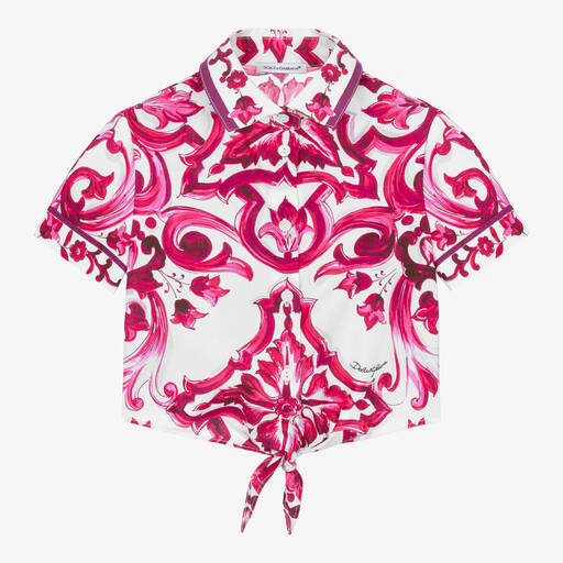 Dolce & Gabbana-Бело-розовая хлопковая рубашка с принтом Majolica | Childrensalon Outlet