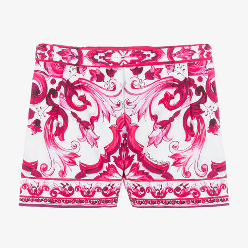 Dolce & Gabbana-Бело-розовые хлопковые шорты с принтом Majolica | Childrensalon Outlet