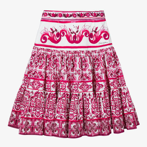 Dolce & Gabbana-Girls Pink & White Cotton Majolica Skirt | Childrensalon Outlet