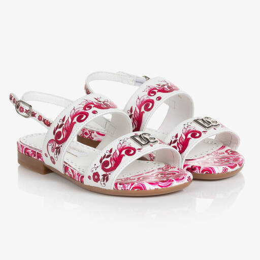 Dolce & Gabbana-Girls Pink & White Leather Majolica Sandals | Childrensalon Outlet
