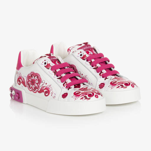 Dolce & Gabbana-Girls Pink & White Leather Majolica Trainers | Childrensalon Outlet