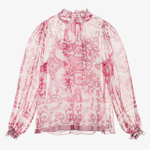 Dolce & Gabbana-Бело-розовая хлопковая блузка с принтом Majolica | Childrensalon Outlet