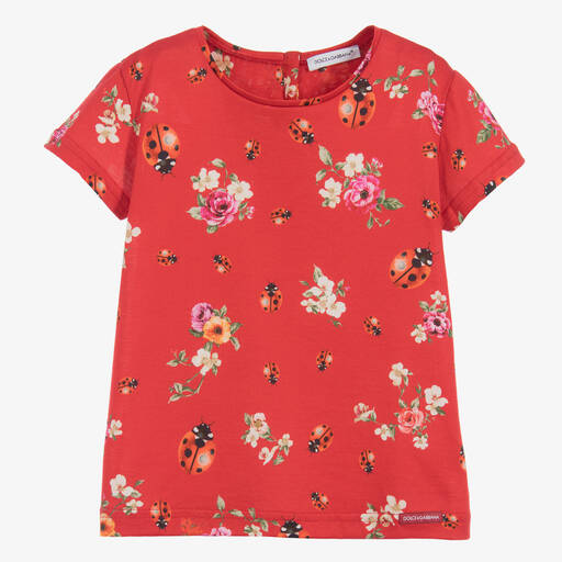 Dolce & Gabbana-Girls Red 'Coccinelle' T-Shirt | Childrensalon Outlet