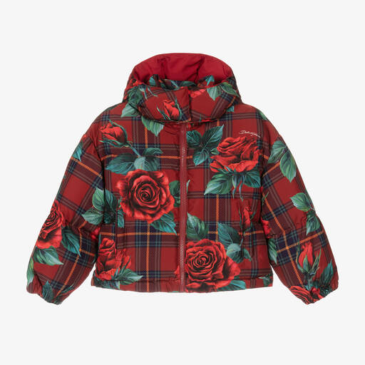 Dolce & Gabbana-Girls Red Tartan Rose Puffer Jacket | Childrensalon Outlet