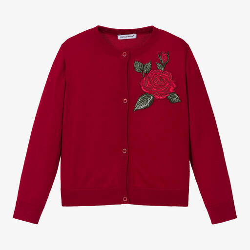 Dolce & Gabbana-Rote Wollstrickjacke mit Rosenstickerei für Mädchen | Childrensalon Outlet