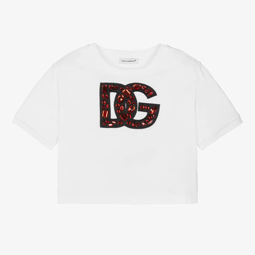 Dolce & Gabbana-T-shirt blanc strassé en coton DG | Childrensalon Outlet