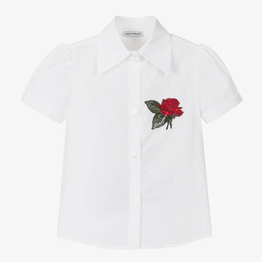 Dolce & Gabbana-Белая хлопковая блузка из поплина с розой | Childrensalon Outlet