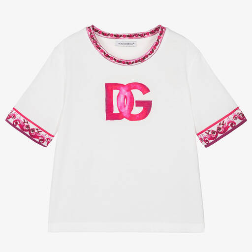 Dolce & Gabbana-T-shirt coton blanc rose Majolica | Childrensalon Outlet