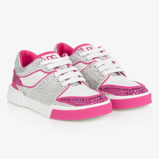 Dolce & Gabbana-Girls White & Pink Rhinestone Leather Trainers | Childrensalon Outlet