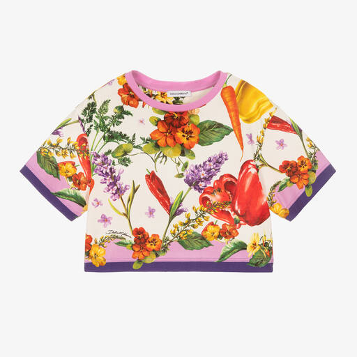 Dolce & Gabbana-Girls White & Purple Farmer Print T-Shirt | Childrensalon Outlet