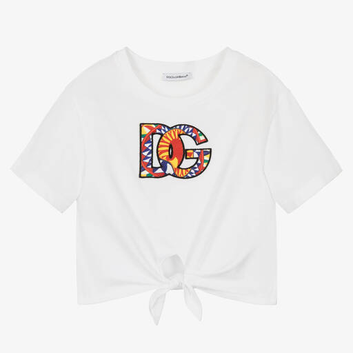 Dolce & Gabbana-Girls White Tie Front Carretto T-Shirt | Childrensalon Outlet