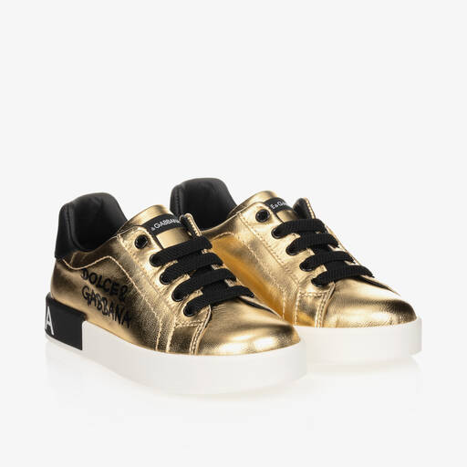 Dolce & Gabbana-Gold Leather Logo Trainers | Childrensalon Outlet