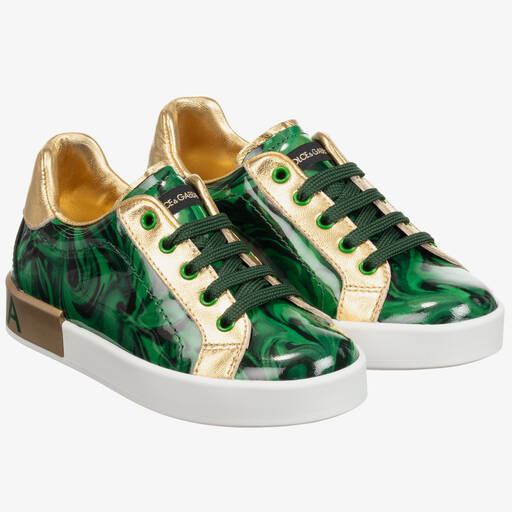 Dolce & Gabbana-Green & Gold Leather Trainers | Childrensalon Outlet