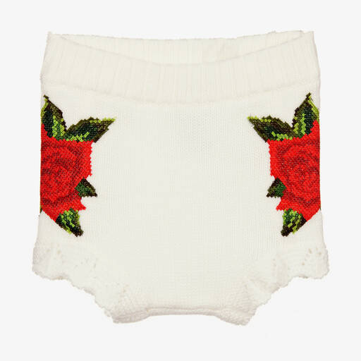 Dolce & Gabbana-Elfenbeinfarbene Strickshorts mit Rosenmotiv | Childrensalon Outlet